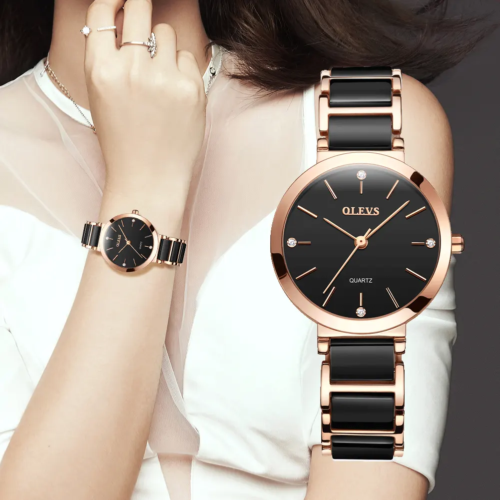 Olevs Most Luxurious Ceramic Black Dial Ladies Watch | 5877